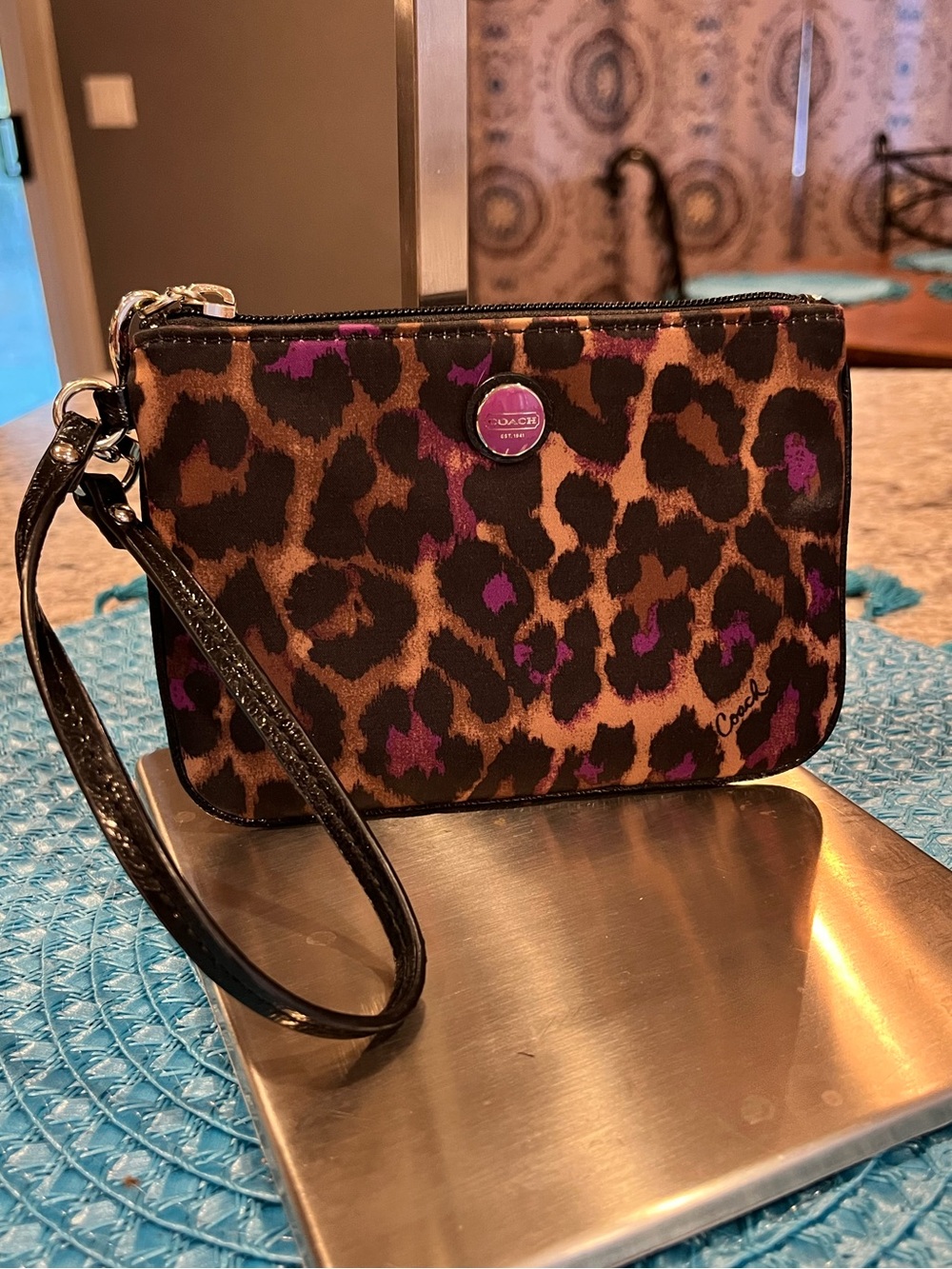 Coach Leopard Print Wristlet in Brown & Purple